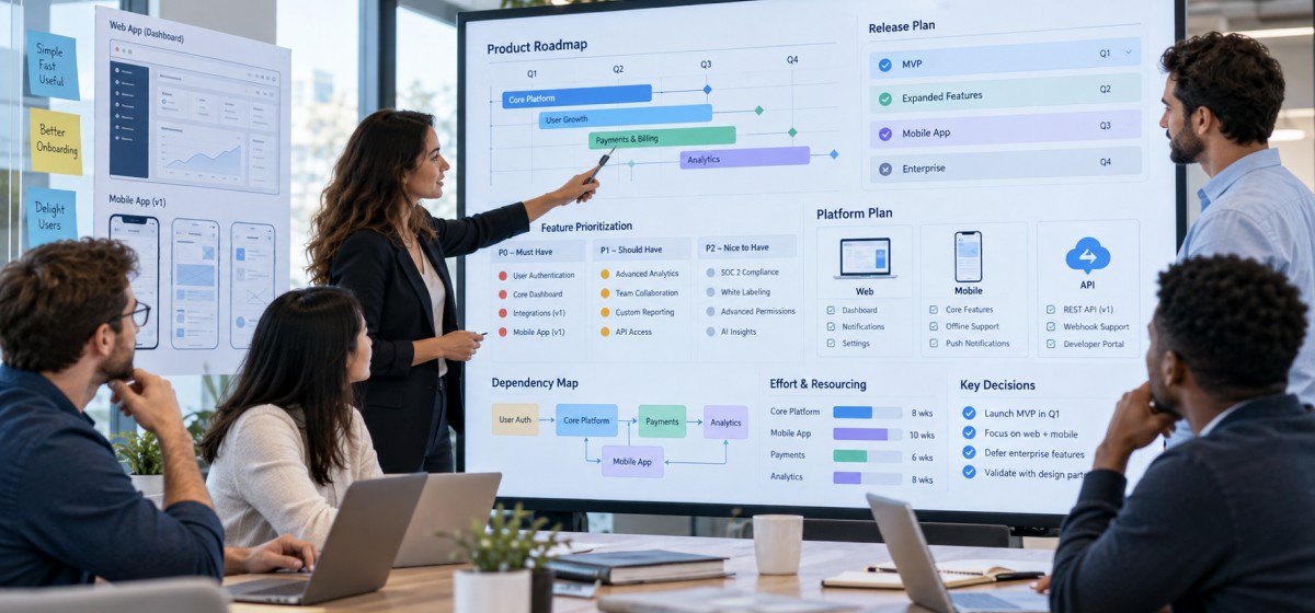 Product manager presenting a mobile app roadmap and platform plan to the team