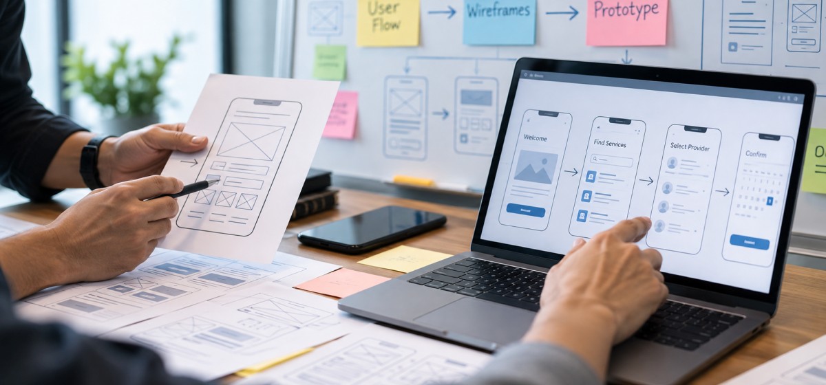 Designer sketching mobile wireframes beside an interactive app prototype on a laptop