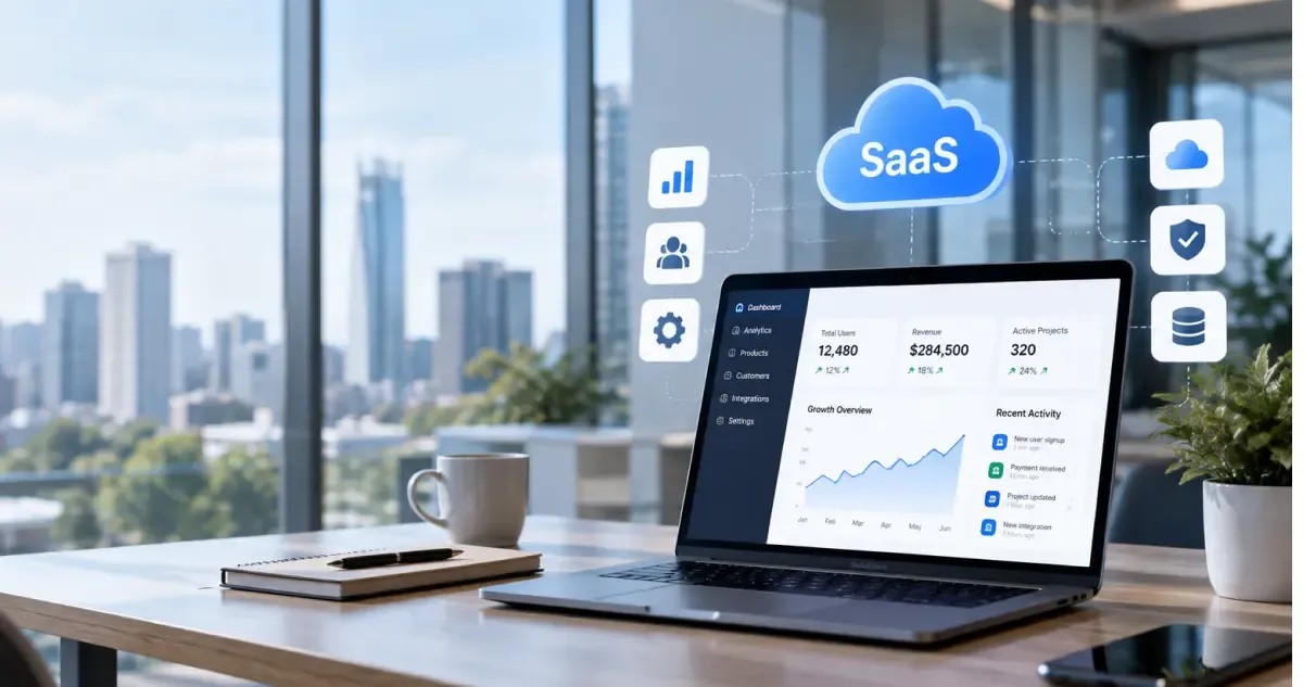 Business team reviewing SaaS dashboards and enterprise workflows