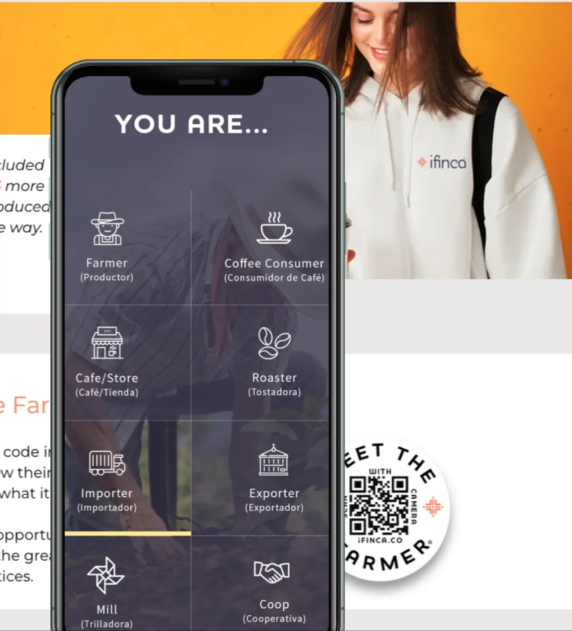iFinca mobile app showing coffee supply chain participants