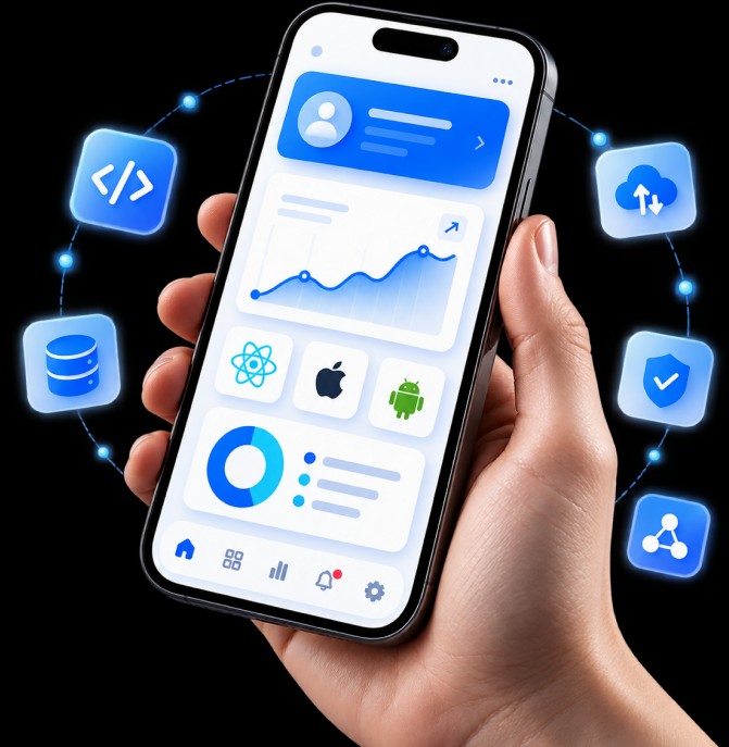 Hand holding a smartphone running a React Native app connected to code, data, cloud, and security services