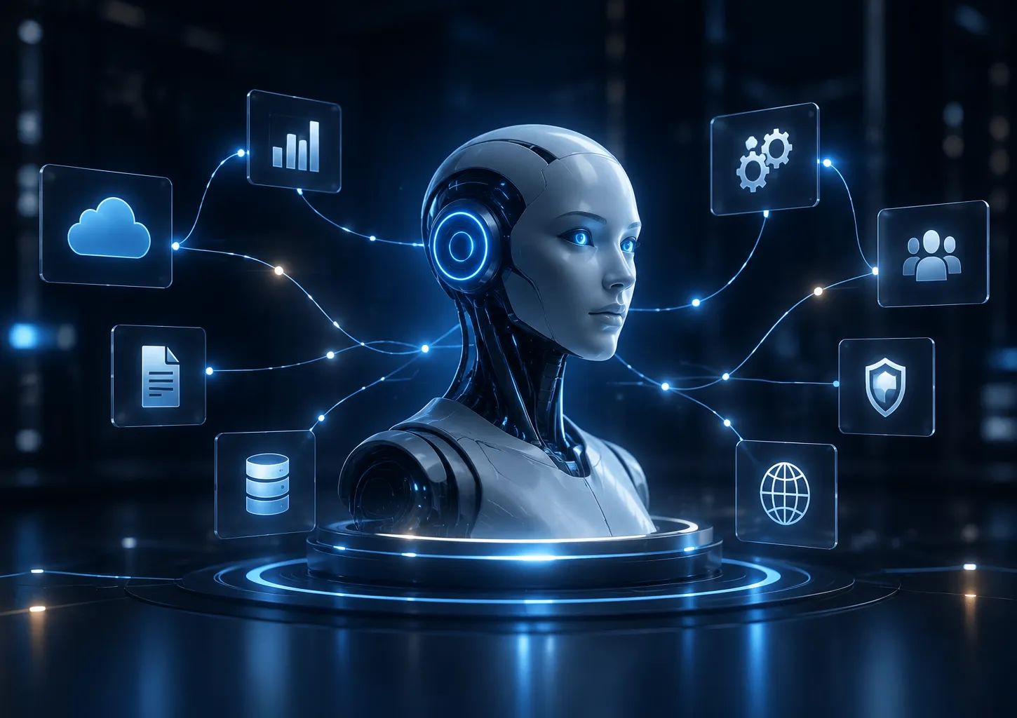 Profile of an android head with a glowing circuit-board brain, representing autonomous AI agents