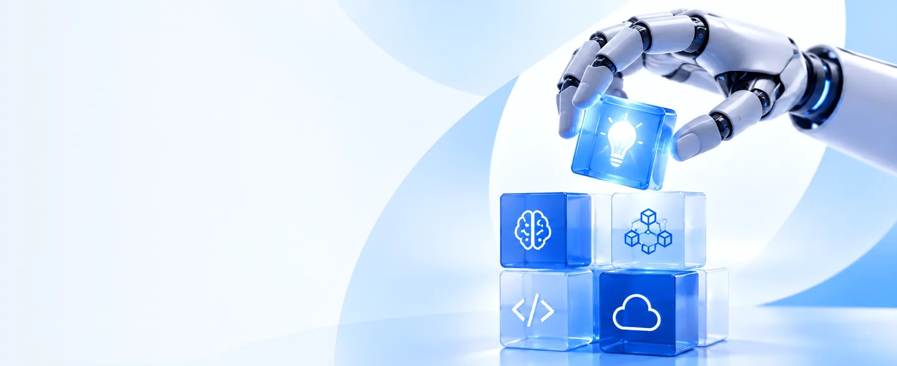 Robotic hand stacking glass blocks marked with AI, blockchain, code and cloud icons