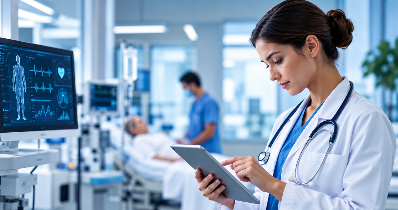Doctor reviewing patient vitals on a tablet beside a hospital monitoring display