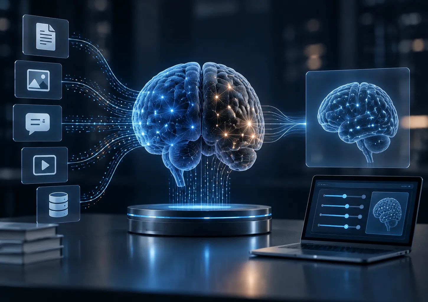 Language model being tuned on domain-specific data, shown as layered neural network nodes