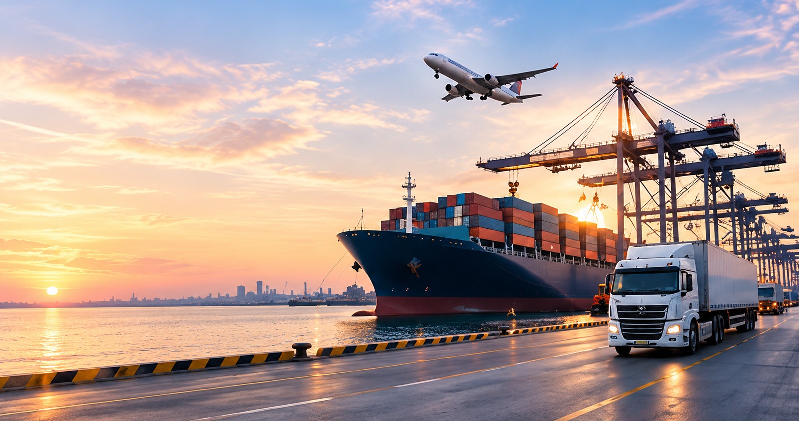 Container ship, cargo truck and aircraft at a port representing multimodal logistics