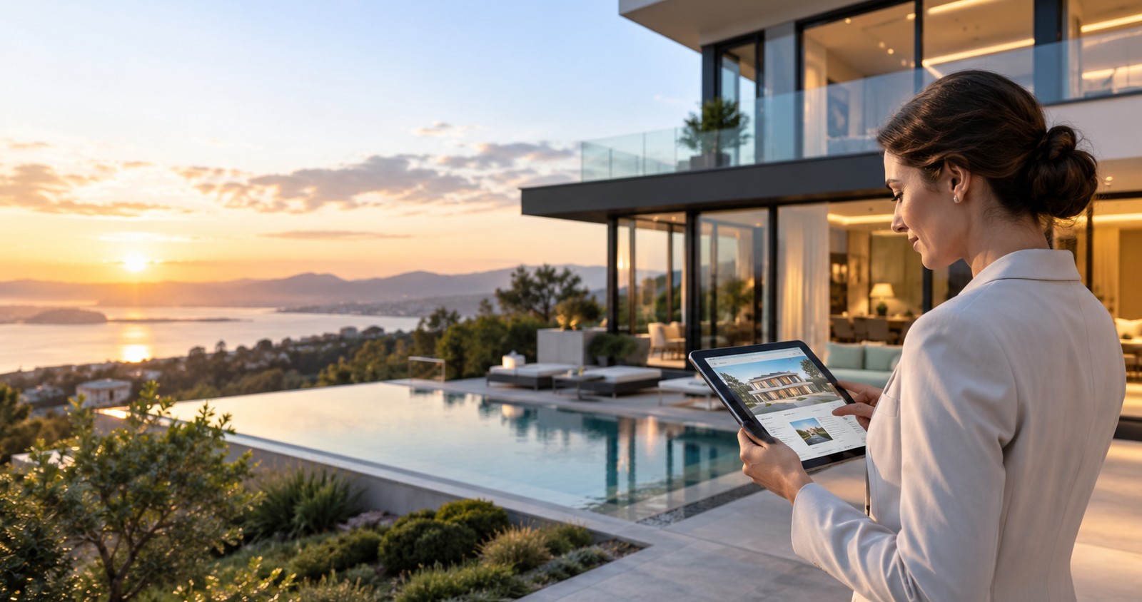 Property agent browsing listings on a tablet outside a modern hillside villa