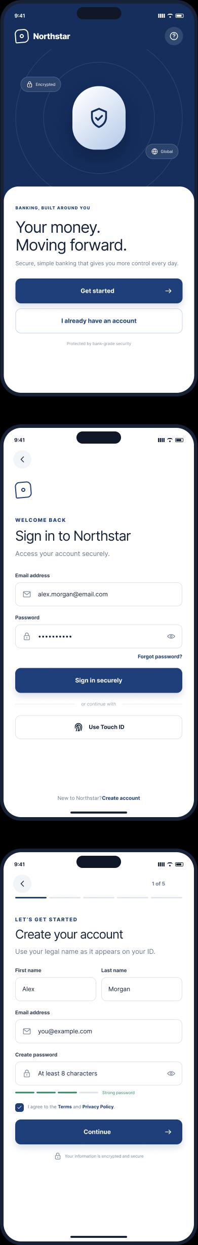 Mobile banking app onboarding, sign-in and account creation screens