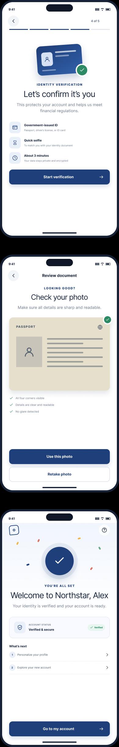 Mobile app identity verification and welcome screens