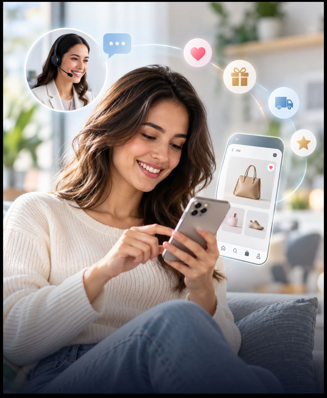 Customer smiling while shopping on a mobile app with support chat, rewards and delivery updates